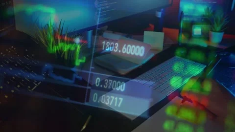 Financial Trading Chart and Code Overlay on Laptop Stock Footage 335830538
