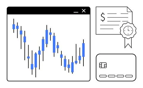 Financial trading chart with blue data bars, certificate featuring a ribbon a Illustrazione stock