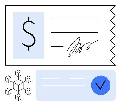 Financial Transaction Elements Including Signed Check, Blockchain Structure.. Stock Illustration