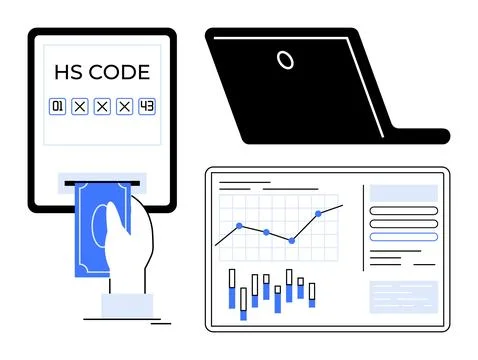 Financial transaction with hand inserting card, HS code screen, laptop, and.. Illustrazione stock