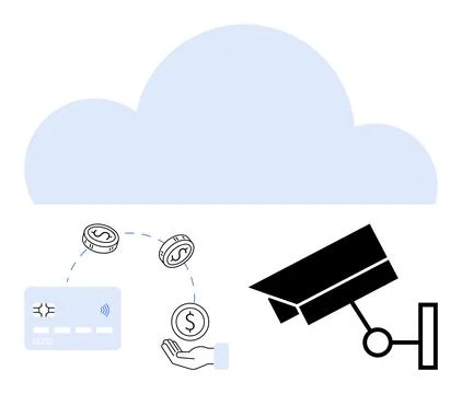 Financial transaction security with cloud storage and surveillance camera Illustrazione stock