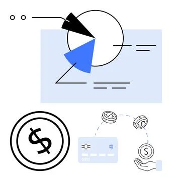 Financial Transactions and Data Analysis with Pie Chart and Digital Payment.. Stock Illustration