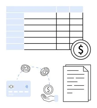 Financial Transactions and Document Management Concept with Table, Credit C.. Illustrazione stock