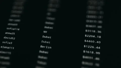 Financial transactions table, transactions linked to specific usernames Video stock 332461135