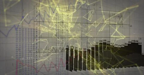 Financial visuals displaying labeled 3D bars red-blue line graphs, grid axes, Illustrazione stock
