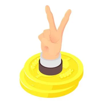 Financial win icon isometric vector. Victory gesture on stack of golden coin Stock Illustration