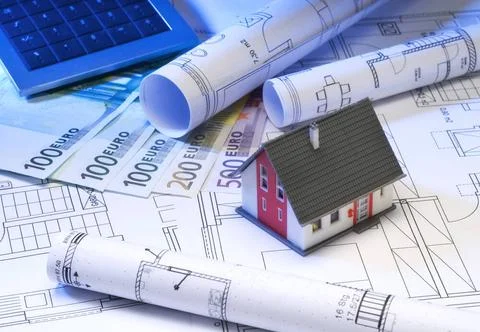Finanzierung einer Immobilie Architecture model with construction plans. C... Stock Photos