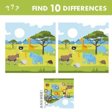 Find the 10 difference. Funny animals on the background of African landscape イラスト素材