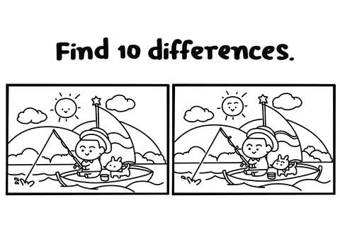 Find 10 differences coloring pages. Stock Illustration