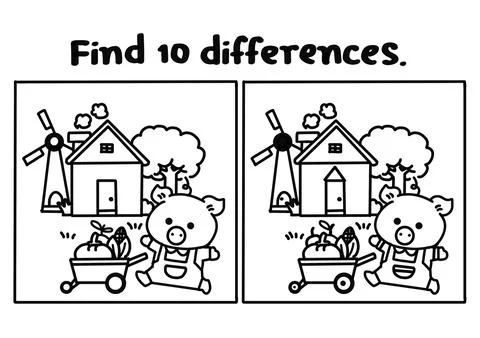 Find 10 differences coloring pages. Stock Illustration