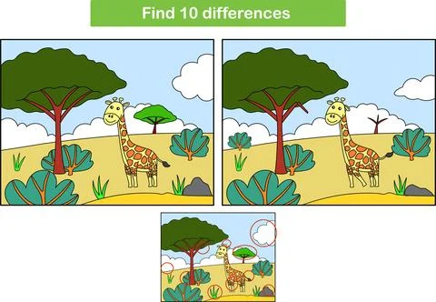 Find 10 differences on cute giraffe pictures. Education of preschoolers. Vector Stock Illustration