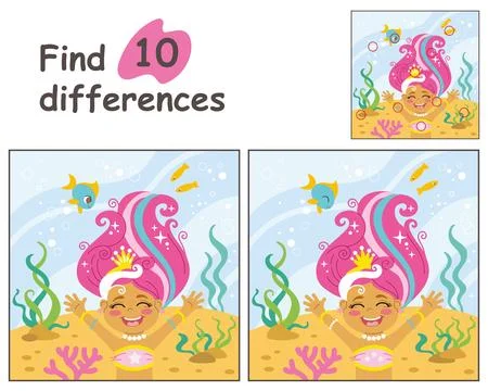 Find 10 differences with cute mermaid vector illustration Illustrazione stock