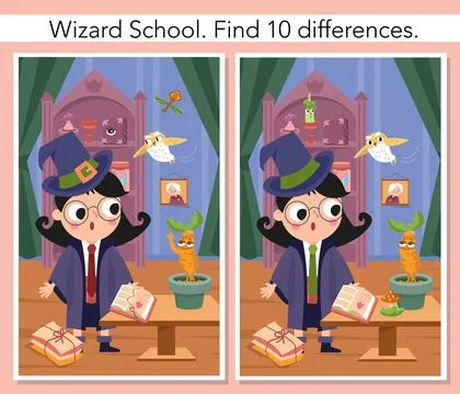 Find 10 differences. Educational puzzle game for children. Cute girl witch with Stock Illustration