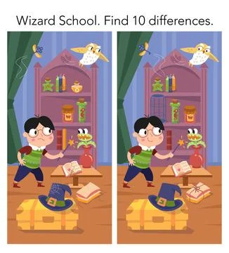 Find 10 differences. Educational puzzle game for children. Cute girl witch with Stock Illustration