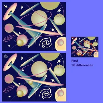 Find 10 differences in the fun cosmos rebus for children up to 6 years old Stock Illustration