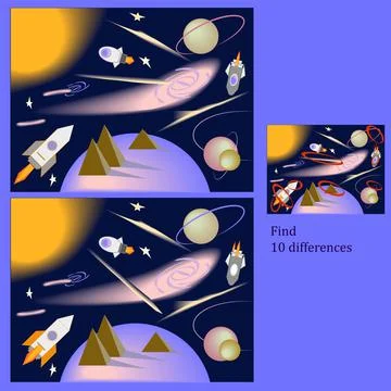 Find 10 differences in the fun cosmos rebus for children up to 6 years old Stock Illustration