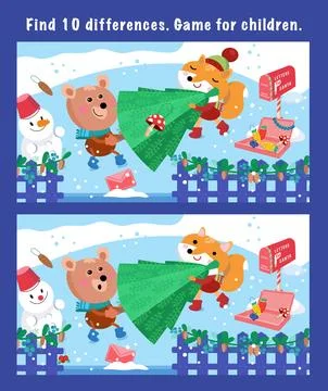 Find 10 differences. Game for children. Сute bear and fox carry Christmas tree.  Illustrazione stock