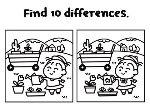 Find 10 differences game coloring pages style. Stock Illustration