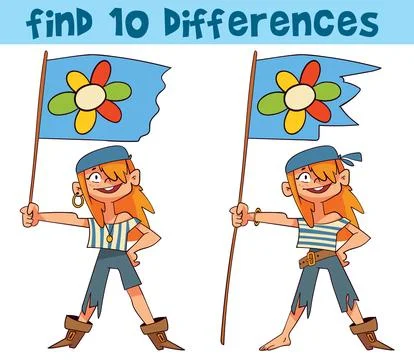 Find 10 differences game with a cute pirate girl holding a flag Stock Illustration