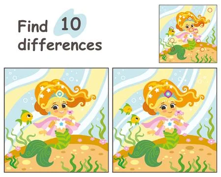 Find 10 differences with happy mermaid vector illustration Stock Illustration