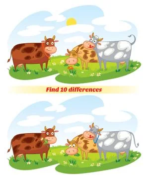 Find 10 differences. A herd of cows grazing in the meadow. Funny cartoon char イラスト素材