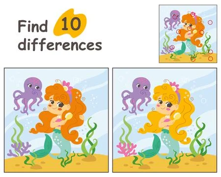 Find 10 differences with mermaid and octopus vector illustration Illustrazione stock