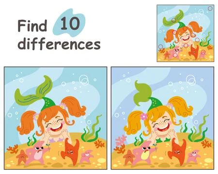 Find 10 differences with mermaid and starfishes vector illustration Stock Illustration