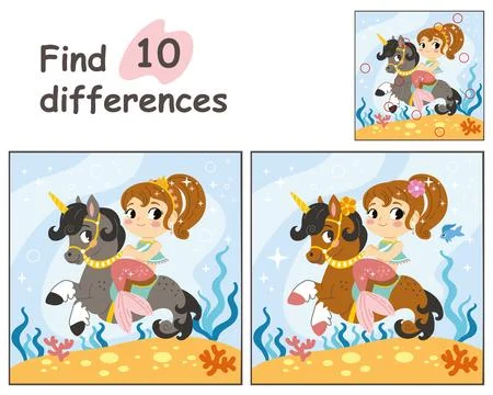Find 10 differences with mermaid and seahorse vector illustration Illustrazione stock