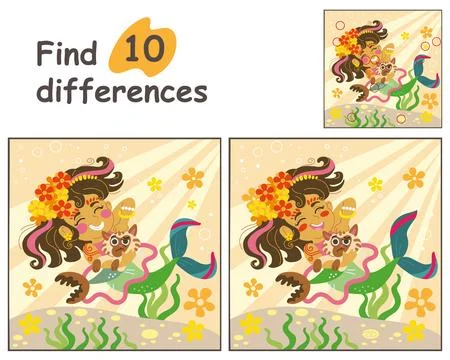 Find 10 differences with mermaid and cat vector illustration Illustrazione stock