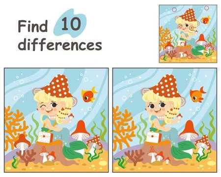 Find 10 differences with mermaid and mushrooms vector illustration Illustrazione stock