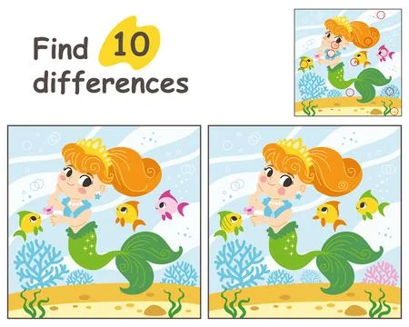 Find 10 differences with mermaid and fishes vector illustration Illustrazione stock