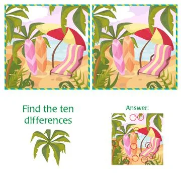 Find the 10 differences puzzle with answer. Cartoon summer beach and sea Stock Illustration