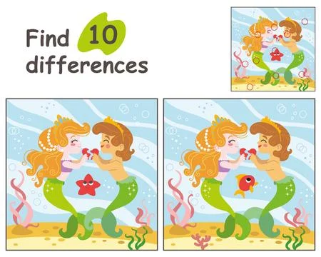 Find 10 differences with two lovers mermaids vector illustration Illustrazione stock