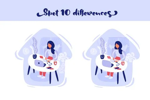 Find 10 differences Woman learn sitting at the table with a laptop at home 스톡 일러스트