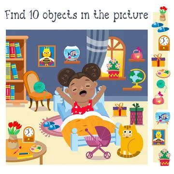Find 10 hidden objects. Educational game for children. Cute little girl wakes up Illustrazione stock