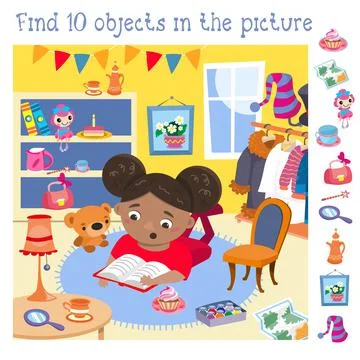 Find 10 hidden objects. Educational game for children. Cute little girl read Illustrazione stock