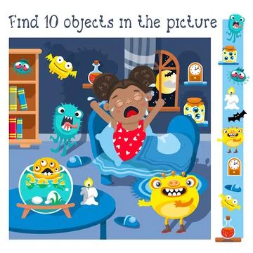 Find 10 hidden objects. Educational game for children. Little girl and funny Stock Illustration