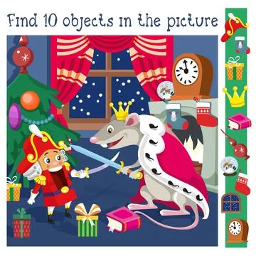 Find 10 hidden objects. Educational game for children. Nutcracker and Mouse King Stock Illustration