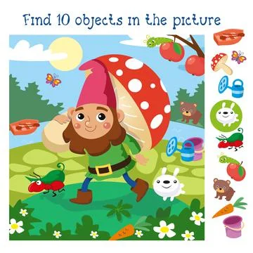 Find 10 hidden objects. Educational game for children. Vector color illustration Stock Illustration