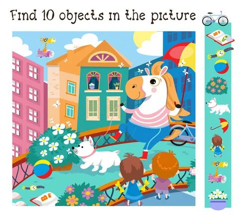 Find 10 hidden objects. Educational game for children. Cartoon cute characters i Stock Illustration