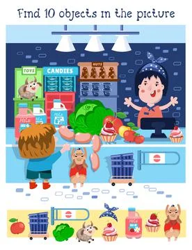 Find 10 hidden objects. Educational game for children. Cartoon characters in Illustrazione stock
