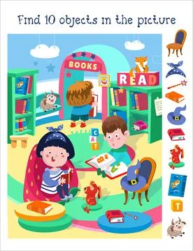Find 10 hidden objects. Educational game for children.  Vector color illustratio Stock Illustration