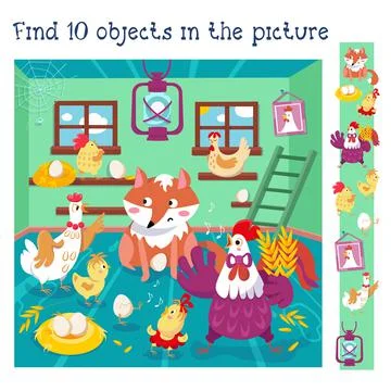 Find 10 hidden objects. Educational game for children. Funny family of rooster a Stock Illustration