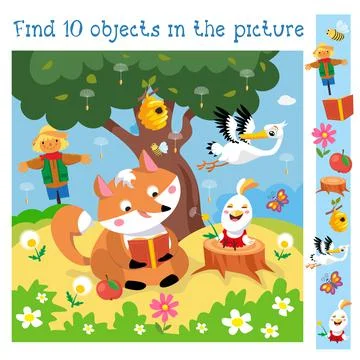 Find 10 hidden objects. Educational game for children. Fox read book, chicken bl Stock Illustration