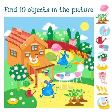 Find 10 hidden objects. Educational game for children. Cute mice near house in s Stock Illustration