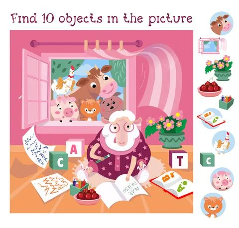 Find 10 hidden objects. Educational game for children. Cute sheep in glasses wri Stock Illustration
