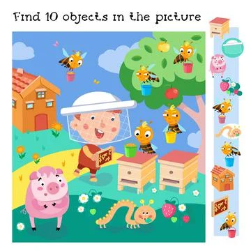 Find 10 hidden objects. Educational game for children. Cute beekeeper and bees Stock Illustration
