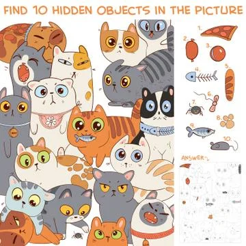 Find 10 hidden objects in the picture. Group of different cats Stock Illustration