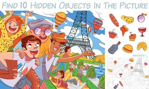 Find 10 hidden objects in the picture. Puzzle Hidden Items Stock Illustration