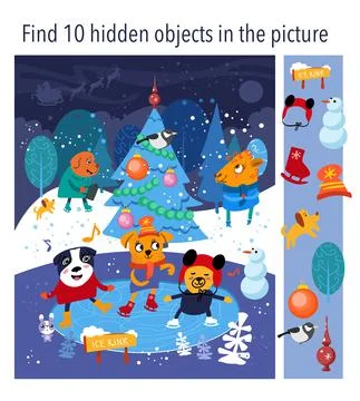 Find 10 hidden objects in picture. Funny dogs animals in forest at skating rink Stock Illustration